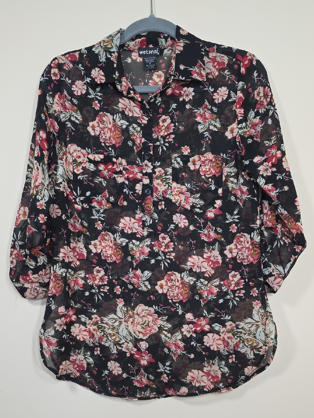 Wet Seal Sheer Floral 3/4 Sleeve Half Button Blouse Size S
